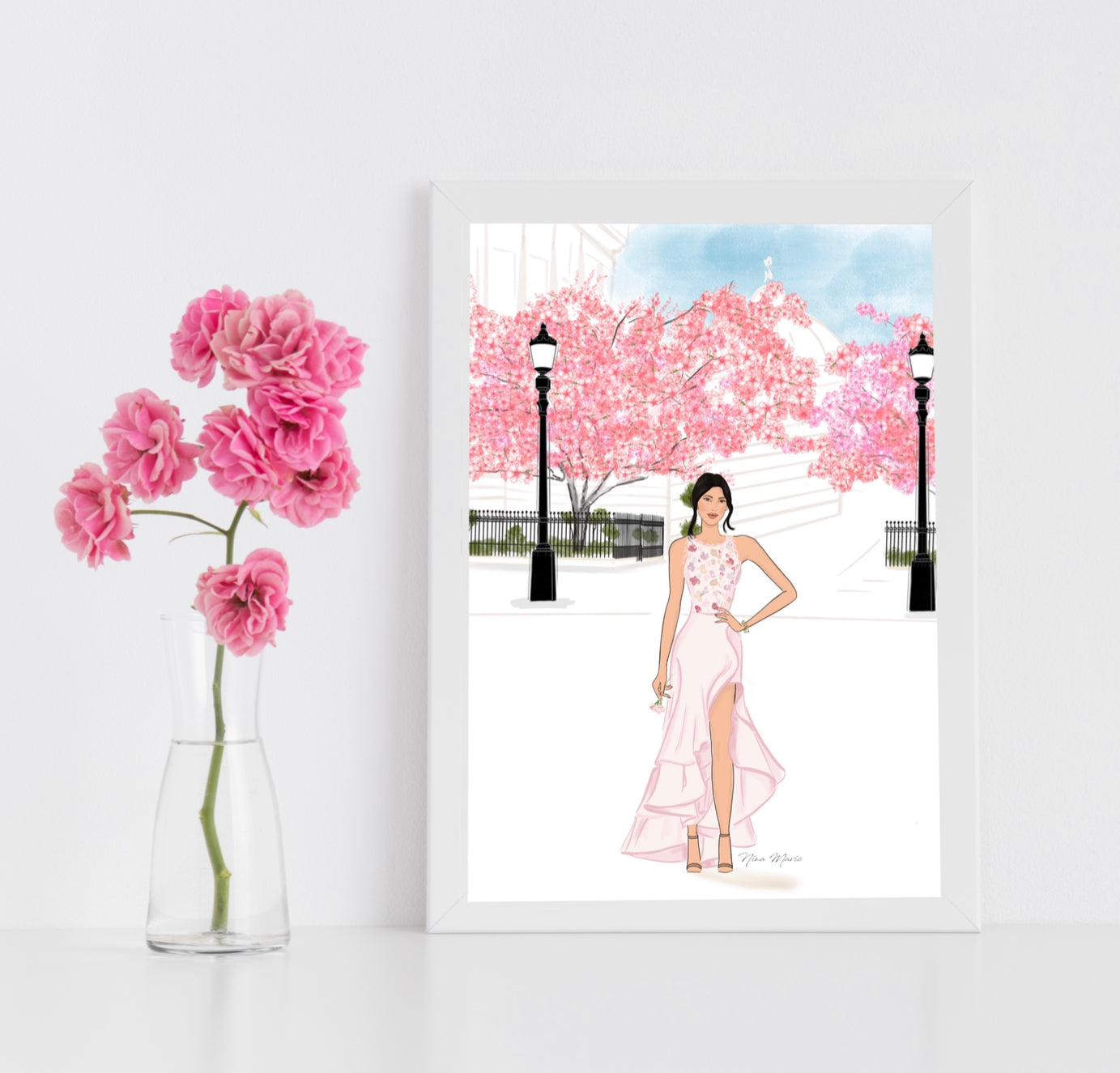 Cherry-blossom-art-illustration-woman-in-pink-dress-city-art-by-fashion-illustrator-Nina-Maric-of-Chic-on-Paper