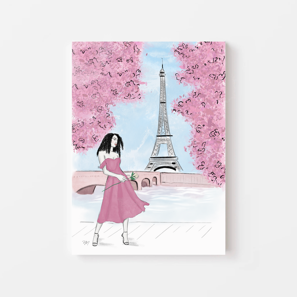 Paris in spring fashion illustration details by Nina Maric. Delicate pink colours are contrasted with the sky blue in the background for the perfect pop of colour. Eiffel tower is in the background.