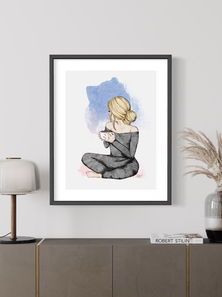 Serene Chic 2: Calming Fashion Illustration Art Print with background colour splash