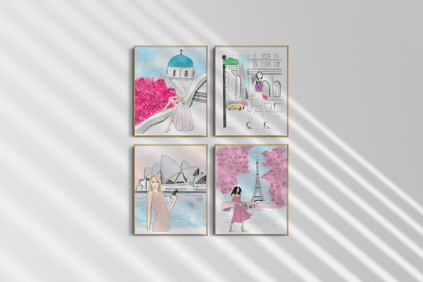 Gallery wall idea featuring Nina Maric Illustrations. Fashionable home decor incorporating travel illustrations