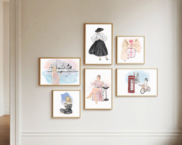 Elegant gallery wall with fashion illustrations by Canadian artist Nina Maric