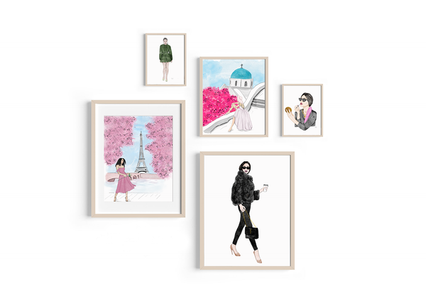 Gallery wall inspiration using fashion illustrations by Nina Maric. Combination of travel art and simple fashion sketches.