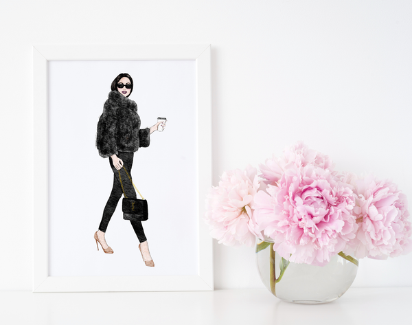 Like a Boss Fashion Illustration Art Print - Black and White Watercolor - Coffee Art - Wall Decor for Office or Home - Fashionable Artwork