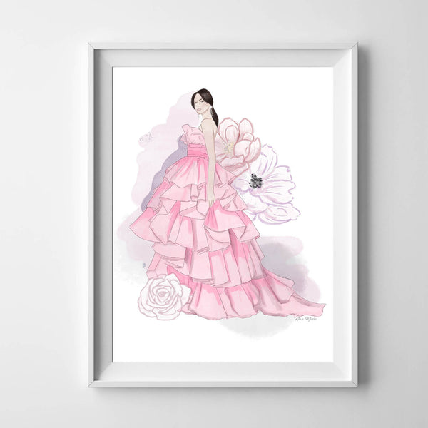 chic woman in flowing pink gown with dhalias, contrasted on a white background.