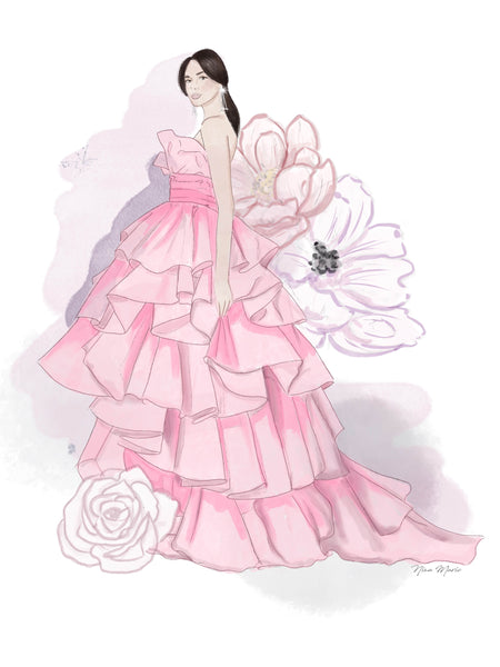 Feminine art print of a woman in pink ruffle gown, hand illustrated by Nina Maric, Canadian fashion illustrator. Beautiful floral details for a delicate pop of colour.