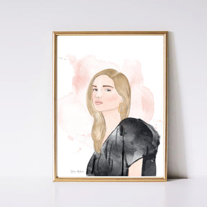 Elegant black dress portrait with peach watercolor background art print framed example