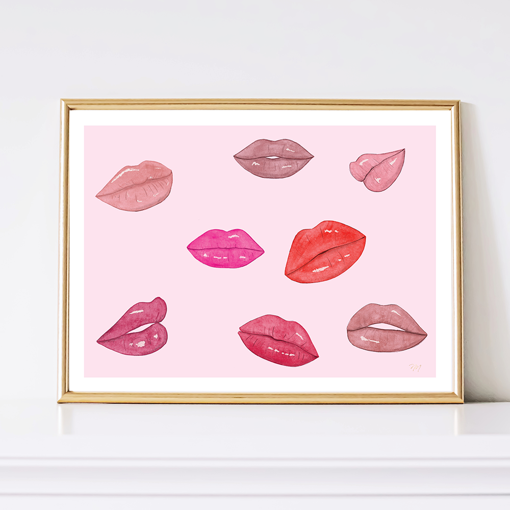 Pink background with overlapping red lips creating a bold and playful pattern. Digital art with watercolor overlay by Nina Maric.