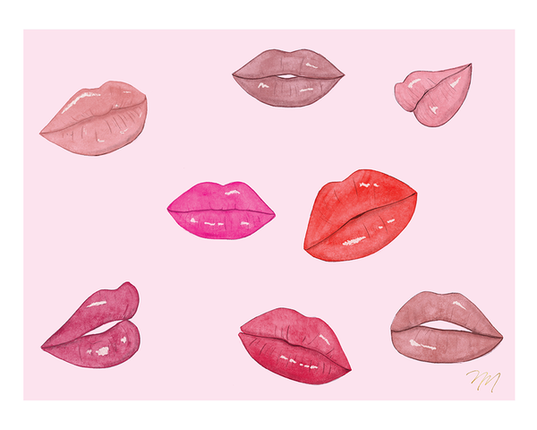 Nina Maric art featuring bold watercolor lips on a solid pink background.